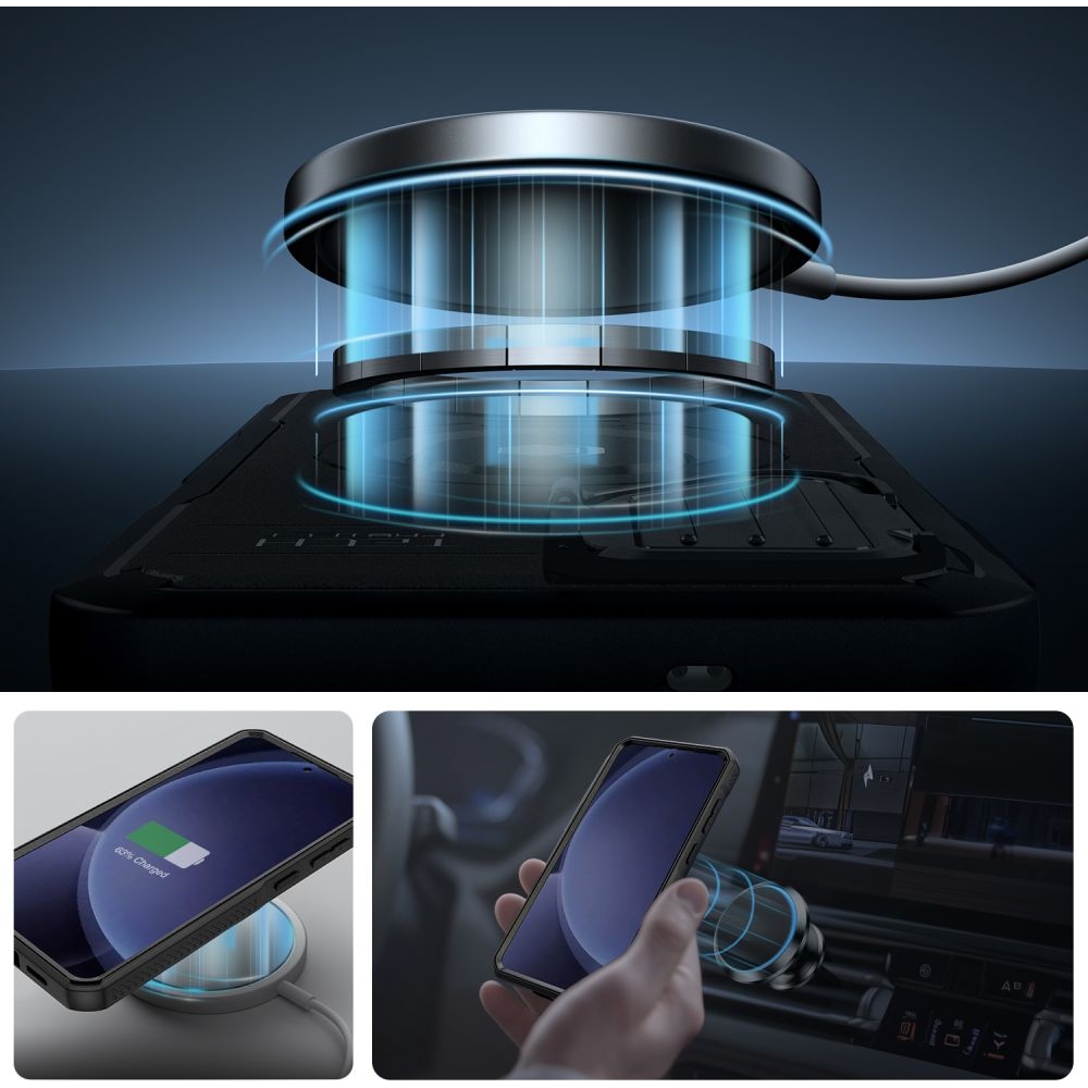 Etui pancerne ze wbudowaną podstawką i osłoną na ekran, Tech-Protect Kevlar MagSafe+ do Samsung Galaxy S25 Plus, czarne.
